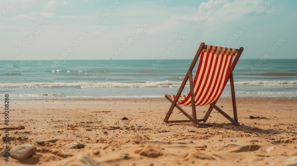 Red and White Striped Beach Chair on Sandy Beach Red and White Striped Beach Chair on Sandy Beach