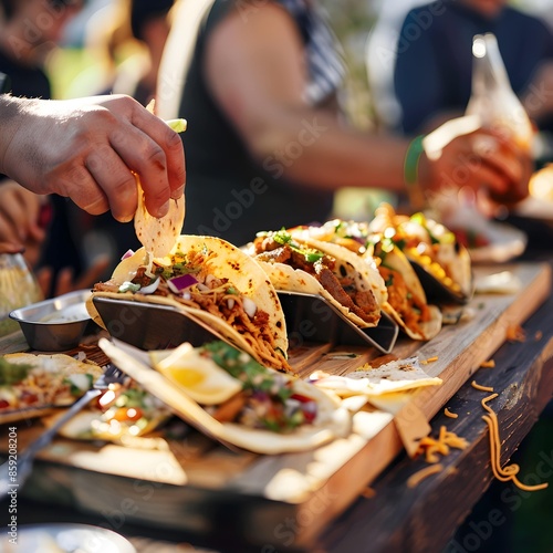 Group of People Eating Tacos at Outdoor Event photo