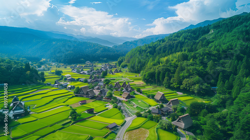 緑豊かな日本の伝統的な村の夏の風景