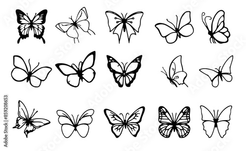 Butterflies silhouettes line art collection