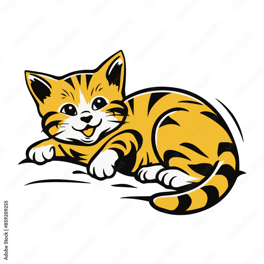 A cartoon tabby kitten with white paws is laying down on a white background with a cheerful smile A cartoon tabby kitten with white paws is laying down on a white background with a cheerful smile