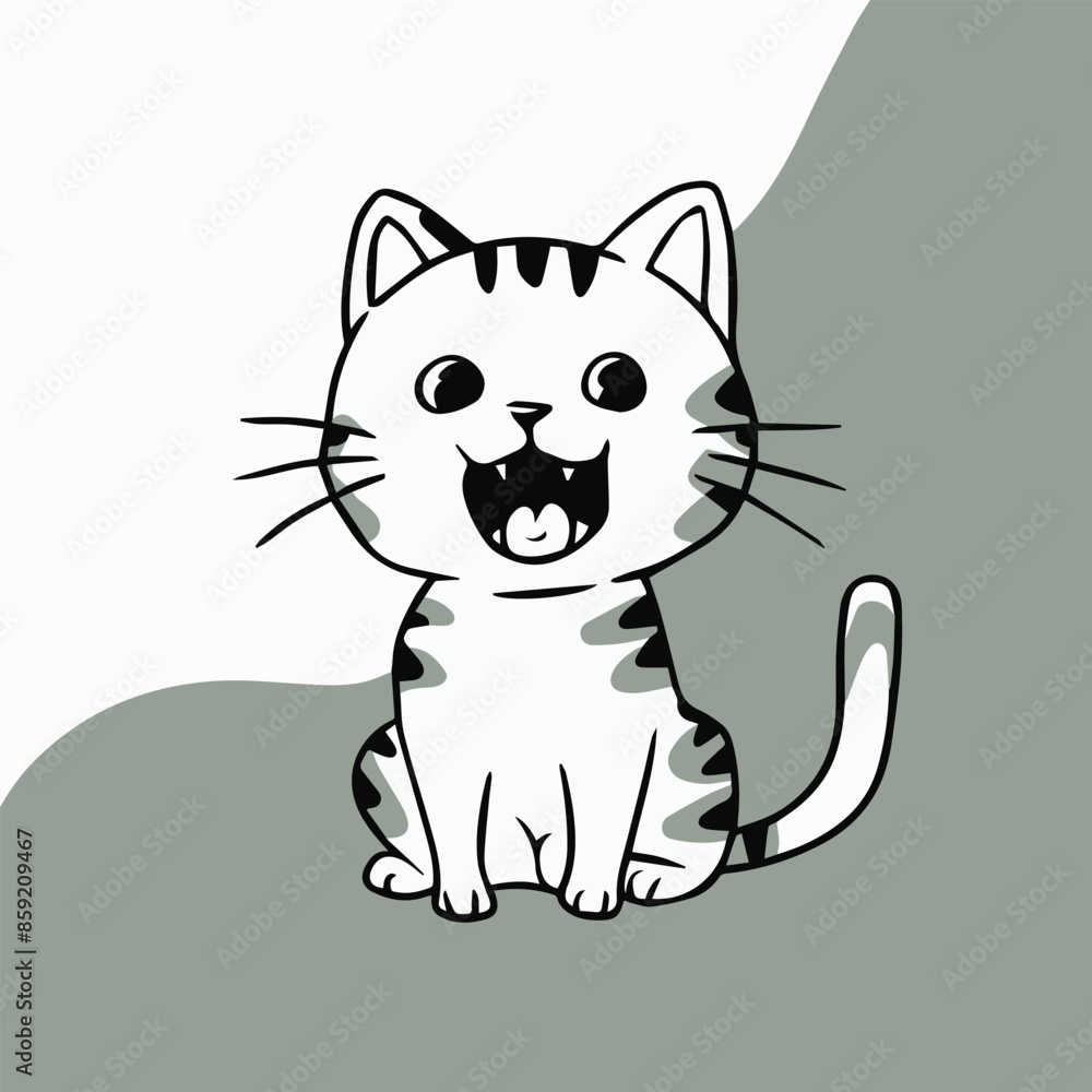 A cartoon tabby cat smiles with its mouth open and tongue sticking out A cartoon tabby cat smiles with its mouth open and tongue sticking out