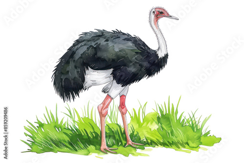 Colorful illustration of an ostrich standing on grass, showcasing its unique black plumage with pinkish legs and white underbelly. photo