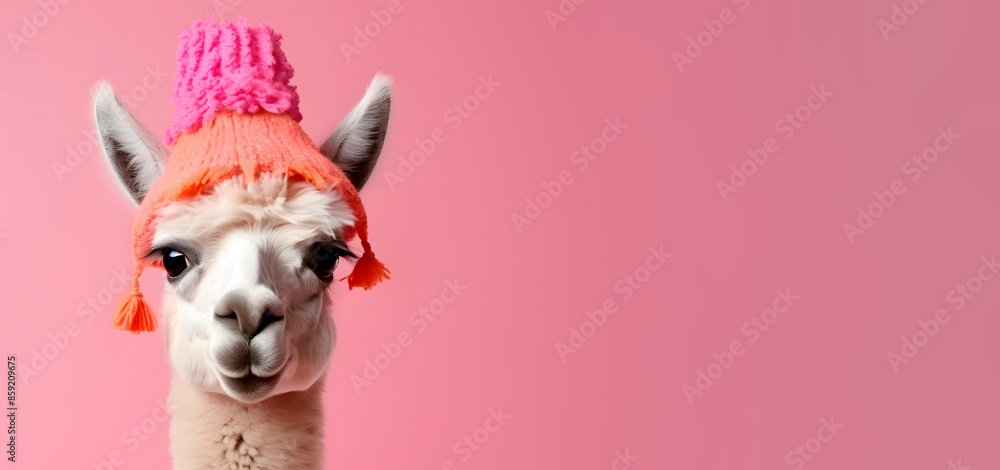 Fototapeta premium Little funny alpaca on pink background.