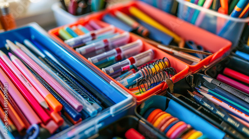 Colorful Pens and Markers in Plastic Containers