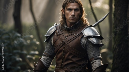 male elf warrior character on medieval fantasy background