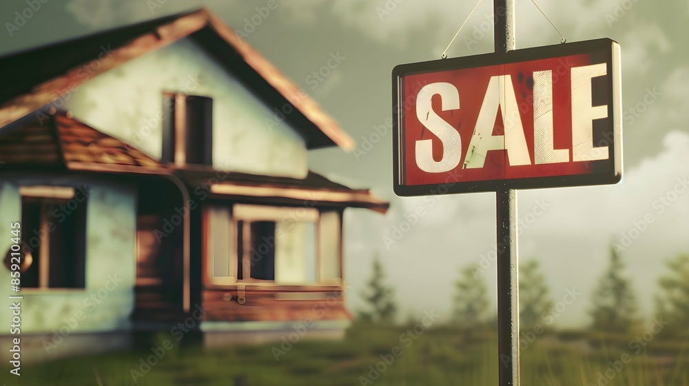 House on blurred background with sign and text House on blurred background with sign and text