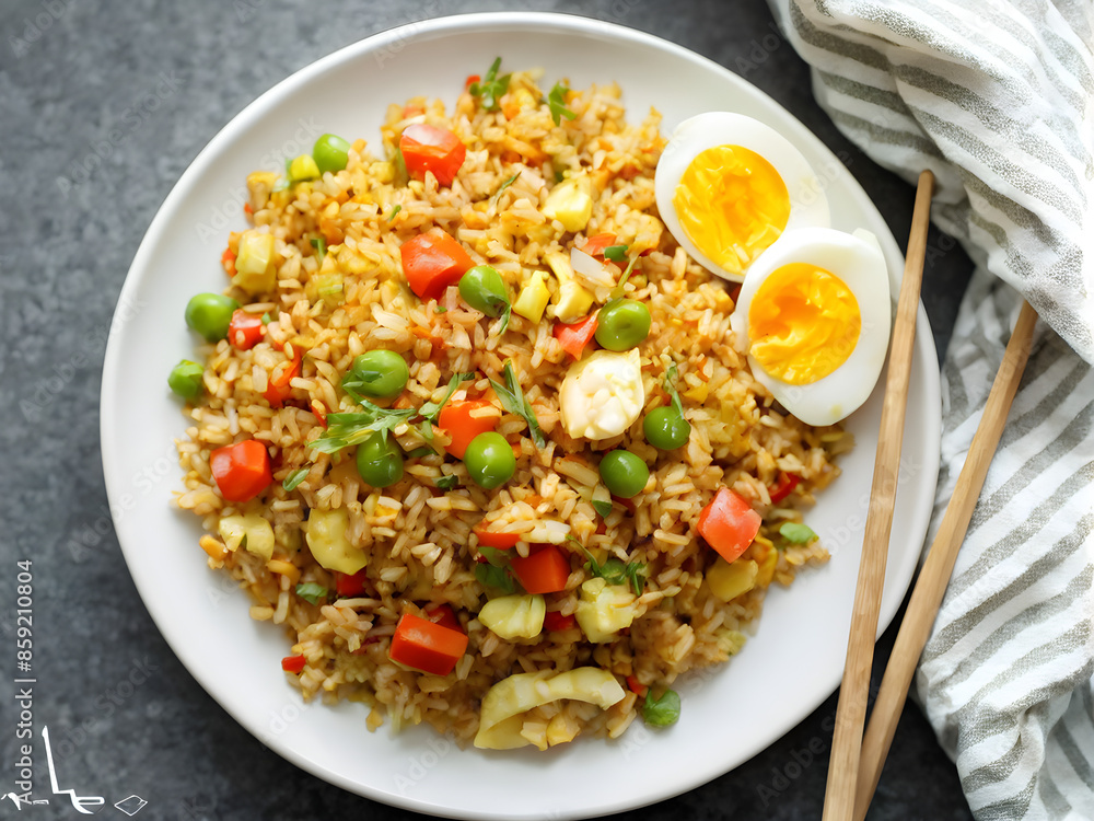Breakfast made with stir-fried eggs and rice Breakfast made with stir-fried eggs and rice