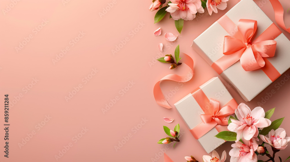 Gifts adorned with pink ribbon bows and flower buds against a peach-colored background. Perfect for designing banners for occasions like Valentine's Day, Mother's Day, and International Women's Day. Gifts adorned with pink ribbon bows and flower buds against a peach-colored background. Perfect for designing banners for occasions like Valentine's Day, Mother's Day, and International Women's Day.