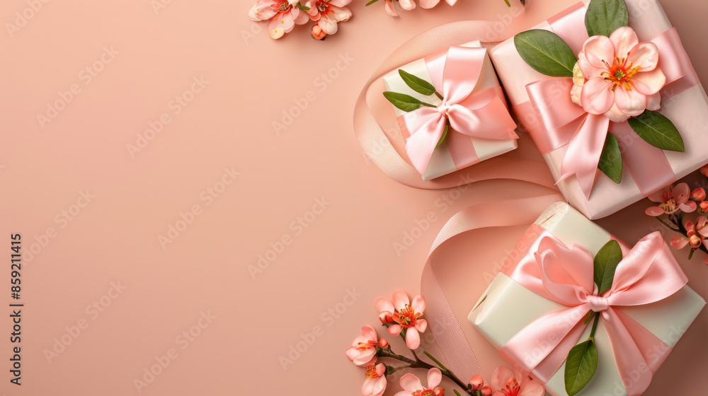 Gifts adorned with pink ribbon bows and flower buds against a peach-colored background. Perfect for designing banners for occasions like Valentine's Day, Mother's Day, and International Women's Day. Gifts adorned with pink ribbon bows and flower buds against a peach-colored background. Perfect for designing banners for occasions like Valentine's Day, Mother's Day, and International Women's Day.