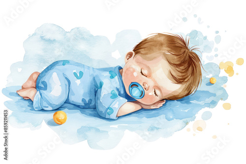 A beautiful watercolor illustration of a sleeping baby boy in blue pajamas with a pacifier. Perfect for nursery decor or baby-themed designs.