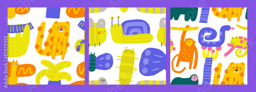 Cute jungle, wild nature seamless pattern. Funny hand drawn doodle repeatable pattern with animals, leopard, sloth, butterfly, monkey, snake, gorilla, snail, bug, bee.