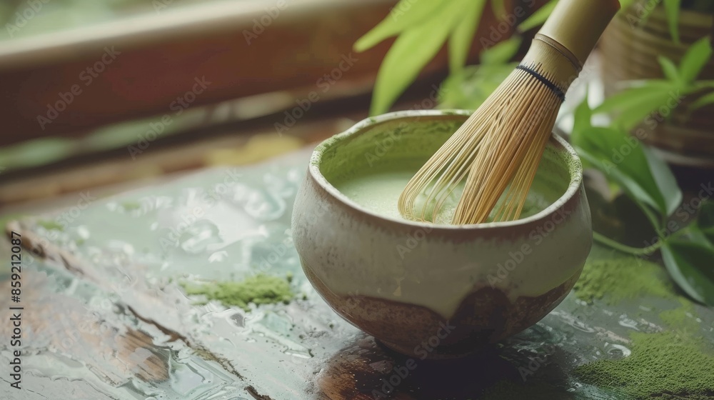 Close-up of Matcha Tea Being Whisked in a Bowl Close-up of Matcha Tea Being Whisked in a Bowl