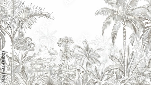 Fototapeta Naklejka Na Ścianę i Meble -  line drawing enchanting jungle tropical plants and trees wallpaper