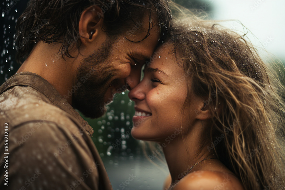 Fototapeta premium Created with generative AI image of beautiful young couple smiling on a summer day