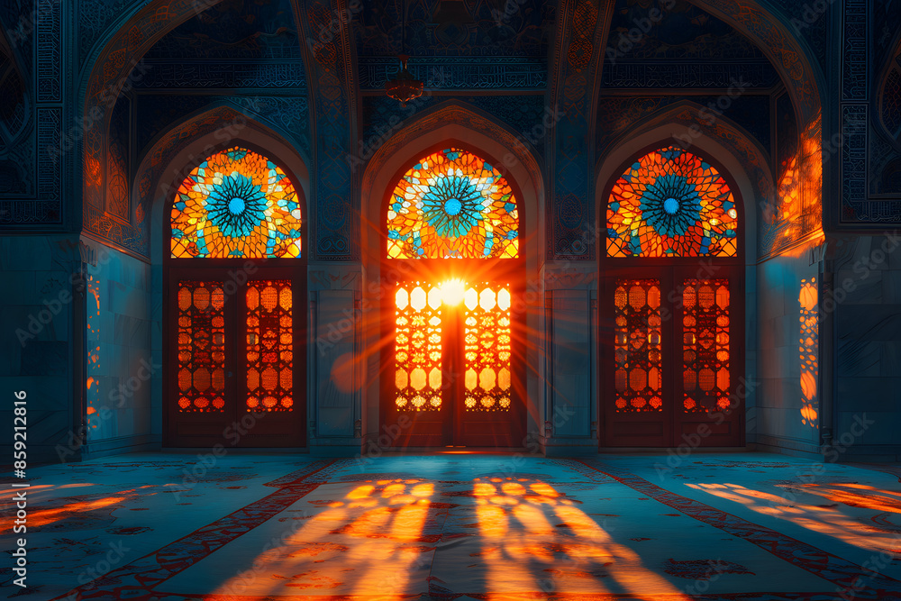 Enchanting scene of moonlight shining through beautifully ornate windows, casting intricate patterns on the floor. The serene ambiance and exquisite design create a captivating and peaceful atmosphere Enchanting scene of moonlight shining through beautifully ornate windows, casting intricate patterns on the floor. The serene ambiance and exquisite design create a captivating and peaceful atmosphere