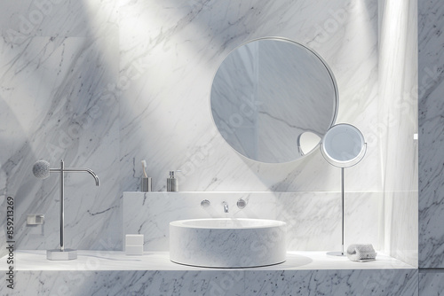 A minimalist bathroom with white marble walls, a floating vanity, and a round mirror with LED backlighting. The sleek chrome fixtures add a modern touch.