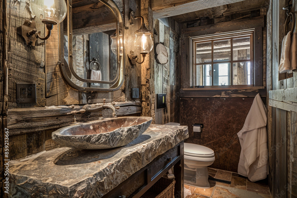 A rustic-chic bathroom with distressed wood finishes, a stone sink, and vintage light fixtures. The room has a cozy, cabin-like feel. A rustic-chic bathroom with distressed wood finishes, a stone sink, and vintage light fixtures. The room has a cozy, cabin-like feel.