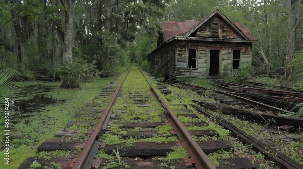 Obraz premium We catch a glimpse of an old abandoned homestead mosscovered and mired in the swamps embrace.