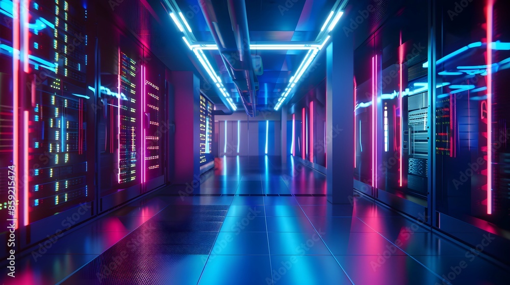 Fototapeta premium Modern Data Center Server Room With Blue Neon Lights