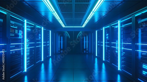 Modern Data Center Server Room With Blue Neon Lights