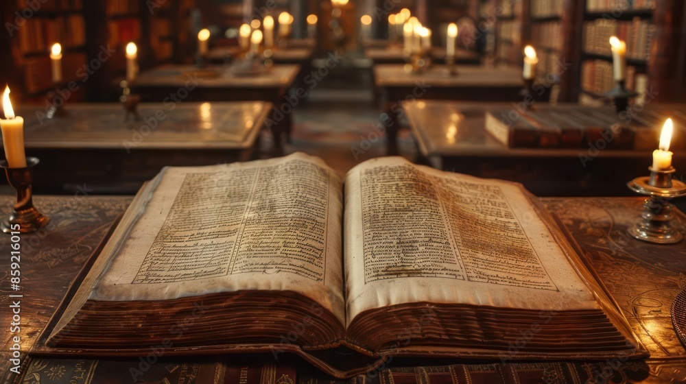 Obraz premium Ancient sacred texts, open book with detailed script