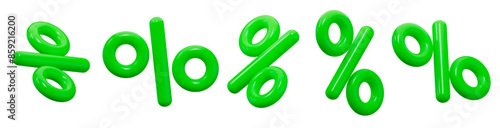 3d set of green percent signs discount with different angles. Voucher gift. Stock vector illustration on isolated background.	
