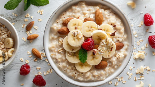 Top view of porridge in white bowl with white background, scattered ingredients