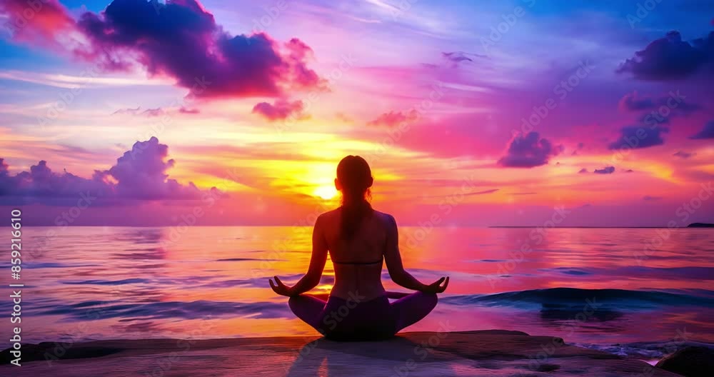 Young woman meditates in lotus position while sitting on seashore at pink-purple sunrise. Meditation by sea 4k video looping animation. Young woman meditates in lotus position while sitting on seashore at pink-purple sunrise. Meditation by sea 4k video looping animation.