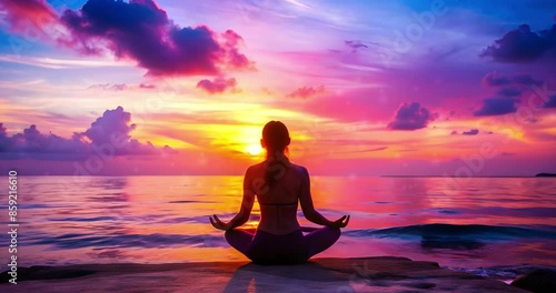 Young woman meditates in lotus position while sitting on seashore at pink-purple sunrise. Meditation by sea 4k video looping animation.