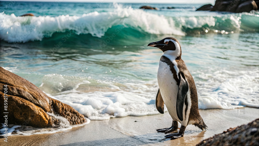 Obraz premium An African penguin stands on a sandy beach with ocean waves crashing in the background