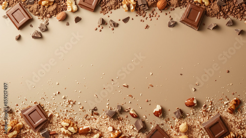 Light beige background with chunks of nuts and chocolate around the edges, bird's eye view, product mockup style photo