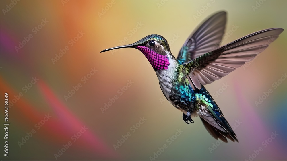 Obraz premium A colorful hummingbird with a long beak flies through the air in front of a blurry, colorful background