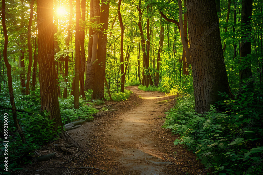 Fototapeta premium Picture of summer sunrise in green forest AI generative