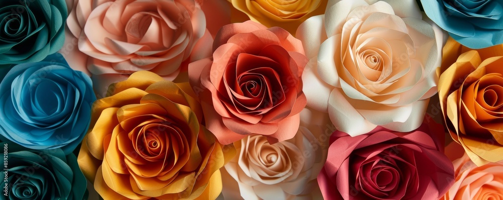 Colorful paper roses background, top view. Creative craft and design concept Colorful paper roses background, top view. Creative craft and design concept