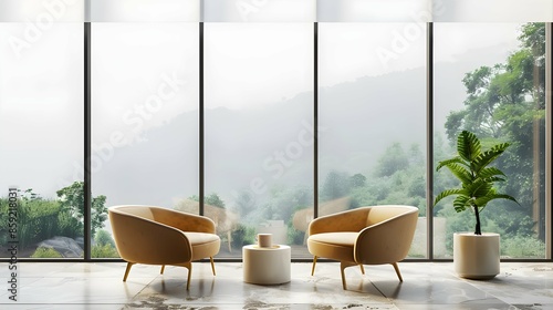 Office lobby interior with relax zone near panoramic window. Mock up frame