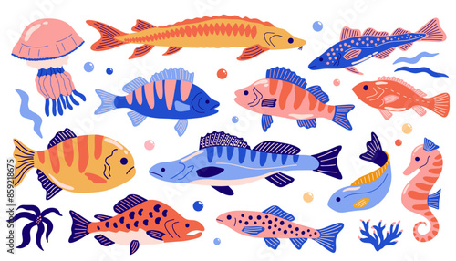 Set of various sea underwater colorful cartoon funky exotic animals: fish, seaweed, jellyfish, coral reef, seahorse. Different ocean aquatic marine creatures, species vector illustration stickers
