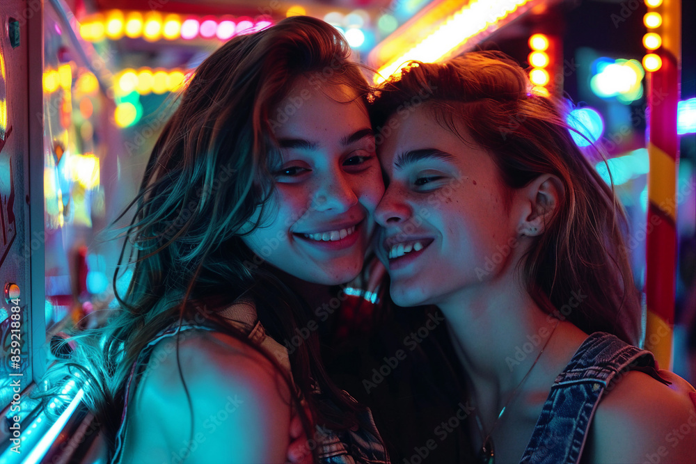 Cheerful girl on summer festival fair in amusement park made with generative AI Cheerful girl on summer festival fair in amusement park made with generative AI