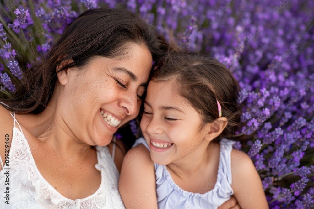 Heartwarming Brazilian Mother Daughter Moment in Lavender Field - Perfect for Family-Themed Prints and Cards Heartwarming Brazilian Mother Daughter Moment in Lavender Field - Perfect for Family-Themed Prints and Cards