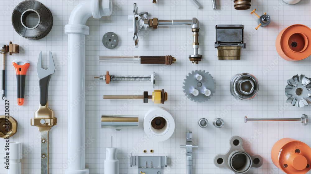 Various mechanical tools and components neatly arranged on a grid background, showcasing organization and precision. Various mechanical tools and components neatly arranged on a grid background, showcasing organization and precision.