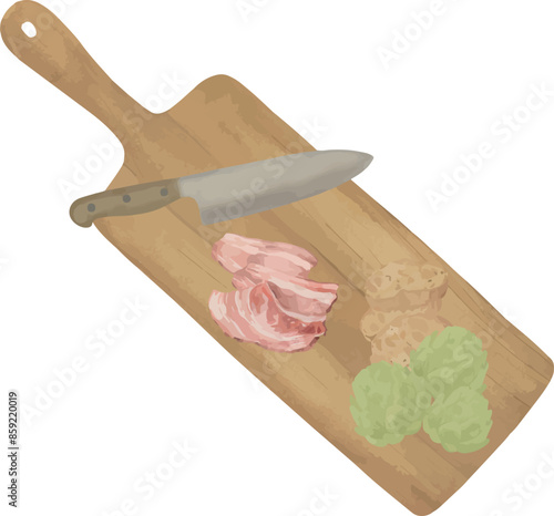 Vector Watercolor cooking composition, bacon, asparagus, knife, board. Illustrations for creative cooking, invitation, greeting cards, birthday, event, holiday, menu; cooking class; Master Class