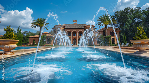 Beautiful home exterior and large swimming pool on sunny day with blue sky. Features series of water jets forming arches photo