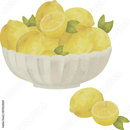 Vector Watercolor bowl with lemons. Pile of lemons, Illustrations for creative cooking, invitation, greeting cards, birthday, event, holiday, menu; cooking class; Master Class