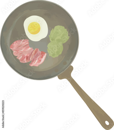 Vector Watercolor dish set, pan, bacon, egg, illustrations for creative cooking, invitation, greeting cards, birthday, event, holiday, menu; cooking class; Master Class