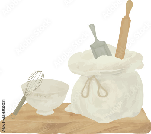 Vector Watercolor kitchen composition, whisk, bag of flour, rolling pin, scoop, board, illustrations for creative cooking, invitation, greeting cards, birthday, event, holiday, menu; cooking class; Ma