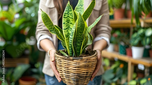 Person Holding a Potted Snake Plant in a Wicker Basket at a Plant Shop photo