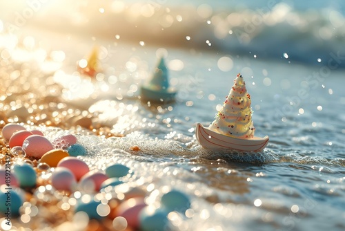 Boat with sail on beach, surrounded by colorful eggs.