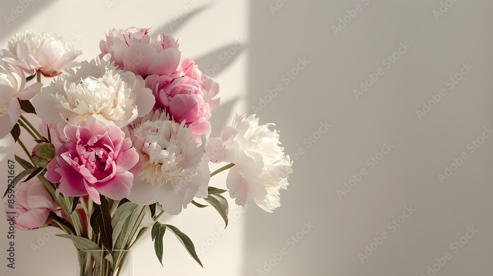 pink and white peonies flowers in a vase with a white background in a room, product display presentation background or backdrop pink and white peonies flowers in a vase with a white background in a room, product display presentation background or backdrop