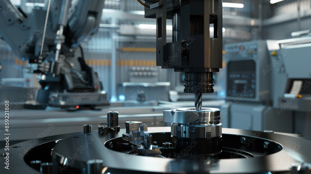 An automated milling machine crafts a metal part with meticulous precision under bright, focused lighting in an industrial setup.