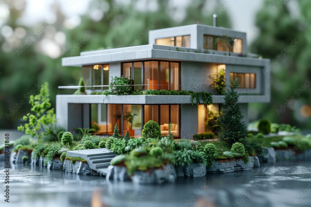 Modern Real Estate Property with Green Landscaping and Large Windows, Mortgage and Investment Modern Real Estate Property with Green Landscaping and Large Windows, Mortgage and Investment
